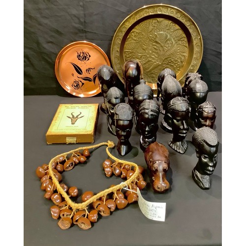 188 - Tribal Art - Africa and South Africa, assorted carved hardwood busts, a brass tray, a copper tray, a... 