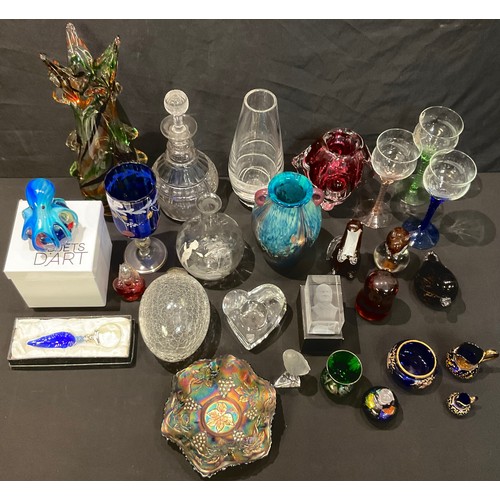 198 - A crackle glass witch's ball; a cut glass decanter; studio glass; glass paperweights including octop... 