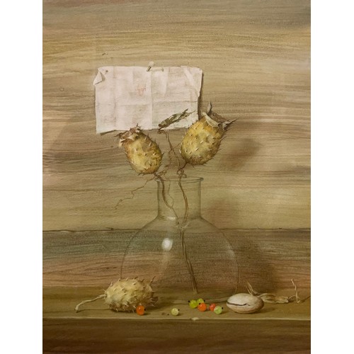 12 - Aktai Alirzyaev (Russian, contemporary), Glass Flask and Dried Seed Heads, signed, watercolour, 25cm... 