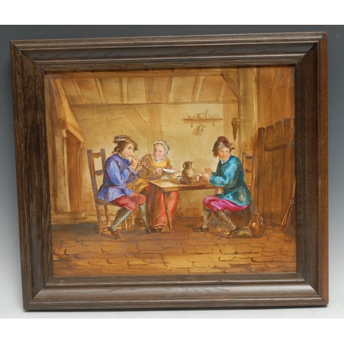 374 - A Continental porcelain rectangular scene, painted with a traditional Dutch genre scene, after the O... 