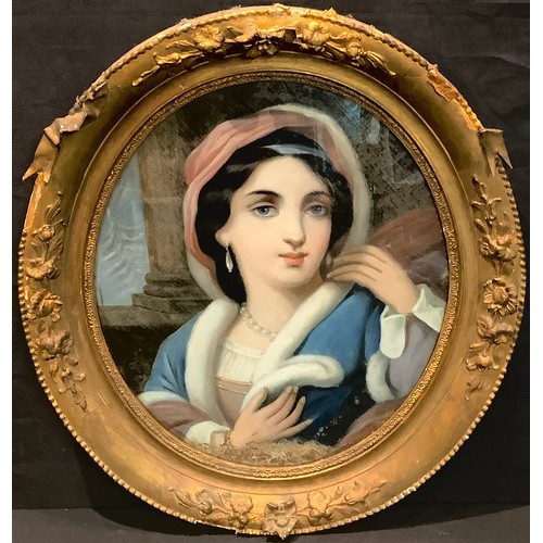 375 - A 19th century oval glass panel, reverse painted with an Italian maiden, 59.5cm high