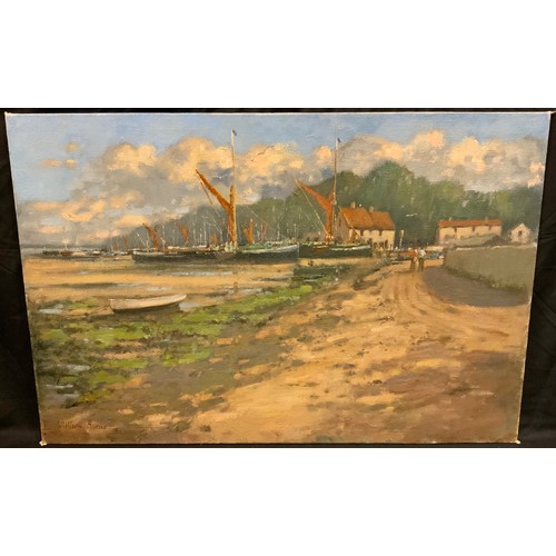 68 - William Burns, FRSA, FSAI, (1923-2010), 'Pin Mill, Suffolk', signed, oil on canvas laid on board, 40... 