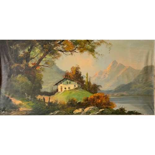 71 - Drouet (French School, 20th century),
Alpine Chalet,
signed, oil on canvas, 60cm x 120cm.