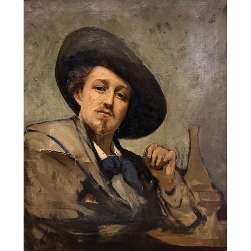 80 - Continental school (late 19th/early 20th century), Portrait of a man wearing a hat, oil on canvas, 6... 