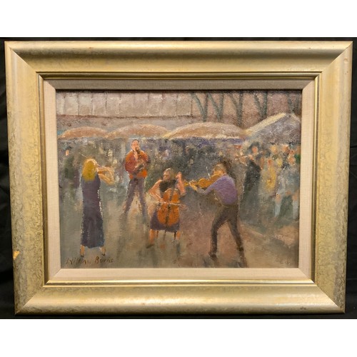 86 - William Burns, FRSA, FSAI, (1923-2010), 'Musicians, Covent Garden', signed, oil on board, 30.5cm x 4... 