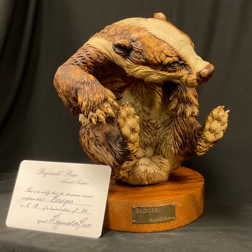 122 - Reginald Price (20th century), stoneware ceramic sculpture, Badger, signed with initials, limited ed... 