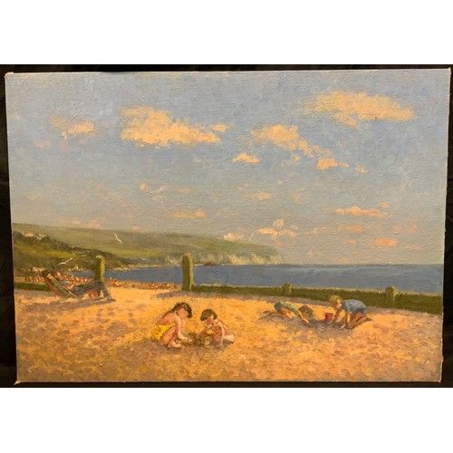 166 - William Burns, FRSA, FSAI, (1923-2010), 'Busy Beach, Bridlington', signed, oil on board, 25cm x 20cm... 