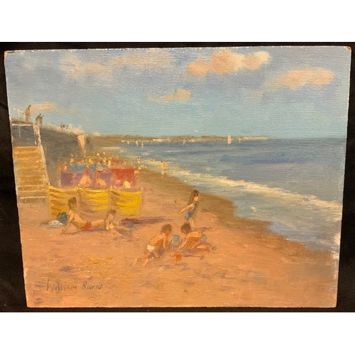 166 - William Burns, FRSA, FSAI, (1923-2010), 'Busy Beach, Bridlington', signed, oil on board, 25cm x 20cm... 