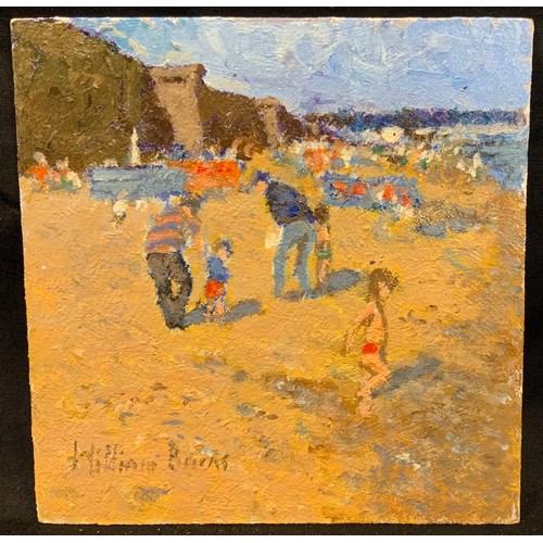 166 - William Burns, FRSA, FSAI, (1923-2010), 'Busy Beach, Bridlington', signed, oil on board, 25cm x 20cm... 