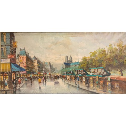 170 - French School, mid 20th century,
Parisian Street with figures after rain,
signed, oil on canvas, 60c... 