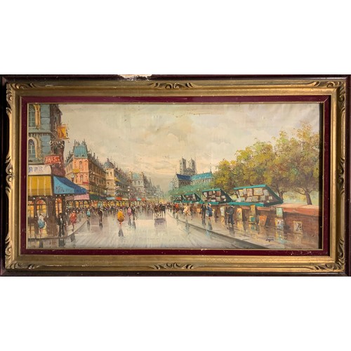 170 - French School, mid 20th century,
Parisian Street with figures after rain,
signed, oil on canvas, 60c... 