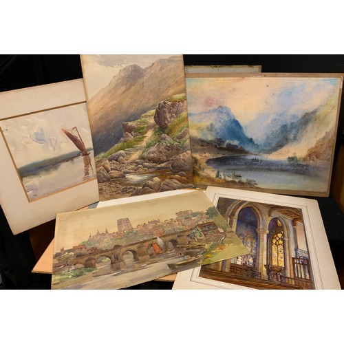 174 - A folio of watercolours, cathedral interior, Italian Harbour, Still Life; Rocky River;  others