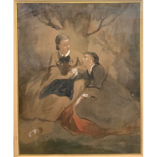 176 - French school, 19th century, ‘Ladies seated beneath a tree’, a preparatory study, watercolour, 35cm ... 