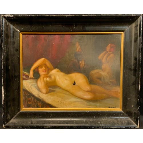 199 - French school (mid 20th century),
Reclining Nude,
indistinctly signed, oil on card, 34cm x 44cm.