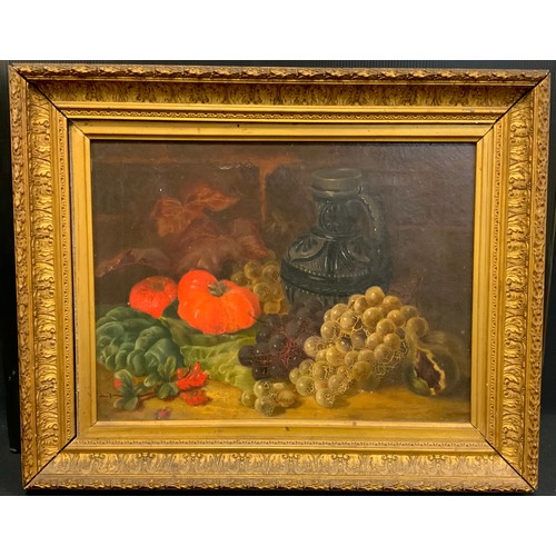 231 - Continental School (late 19th century),
Still Life study, Stoneware Flagon and Ripe Fruits,
oil on c... 