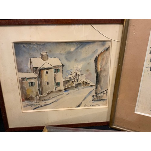 247 - Aturin, French, mid 20th century, French town in snow, signed, watercolour, 25cm x 32cm, another;  P... 