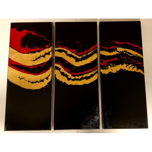 144A - Tim Frost (Modern British school),
'Dragon Trail', Triptych,
signed, acrylic on canvas, overall size... 