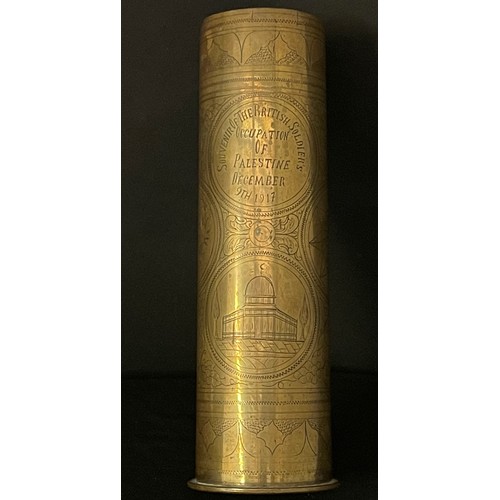 3096A - WW1 British Trench Art engraved German 77mm shell case, maker marked and dated 