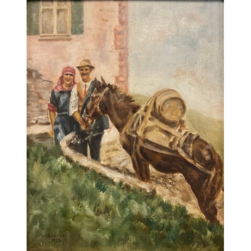 142 - Spanish School
Figures and a Donkey
indistinctly signed, dated 1923, oil on board, 23cm x 18cm