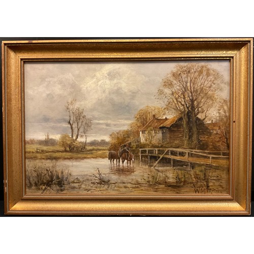 228 - W**Martin (ealry 20th century)
Horse Watering by a Wooden Bridge
signed, oil on canvas, 28cm x 44cm