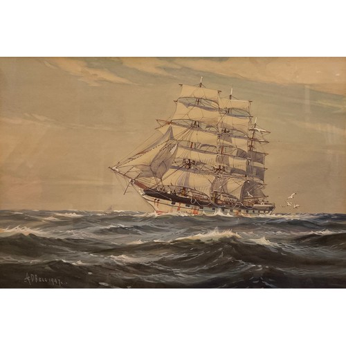 264 - A. D. Bell (pseudonym used by Wilfred Knox 1884-1966), 'Tall ship at full sail', signed, dated 1947,... 