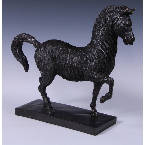 86 - A dark patinated animalier type bronze, zebra, mid-prance, 39cm high