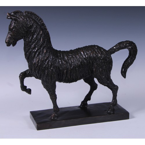 86 - A dark patinated animalier type bronze, zebra, mid-prance, 39cm high