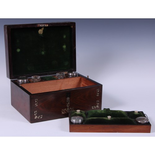 107 - A Victorian rosewood and mother of pearl marquetry travelling dressing box, hinged cover enclosing a... 