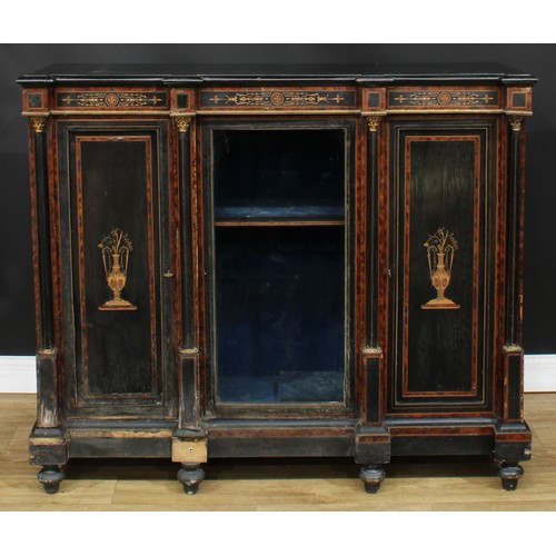 200 - A Victorian gilt metal mounted amboyna banded ebonised and marquetry side cabinet, slightly oversail... 