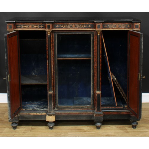 200 - A Victorian gilt metal mounted amboyna banded ebonised and marquetry side cabinet, slightly oversail... 