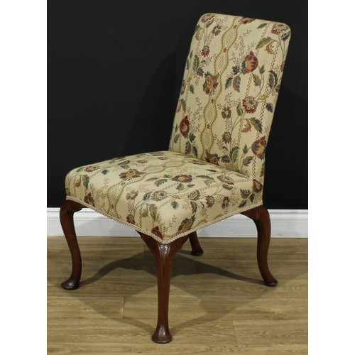 206 - A George I Revival mahogany side chair, stuffed-over upholstery, cabriole legs, pad feet, 95cm high,... 