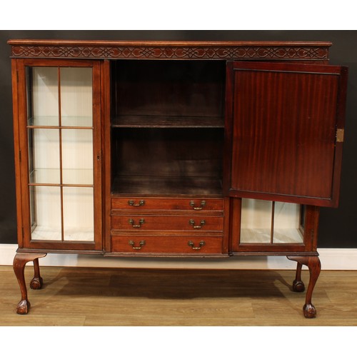 216 - A Chippendale Revival mahogany display side cabinet, blind fretwork frieze, ball and claw feet, 125.... 