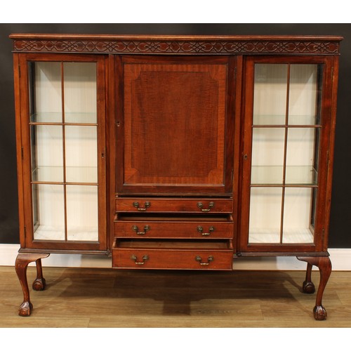 216 - A Chippendale Revival mahogany display side cabinet, blind fretwork frieze, ball and claw feet, 125.... 