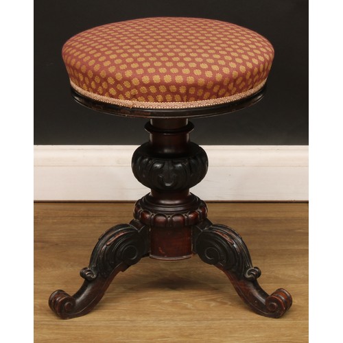 602 - A Victorian height-adjustable piano stool, 49cm raising to 62cm high, the seat 38cm diameter