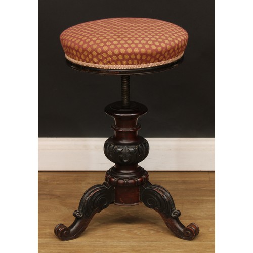 602 - A Victorian height-adjustable piano stool, 49cm raising to 62cm high, the seat 38cm diameter