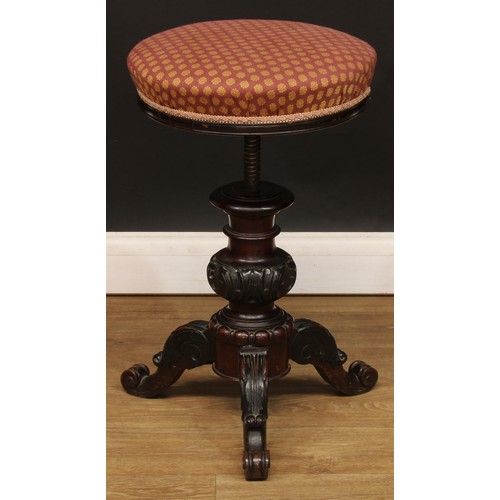 602 - A Victorian height-adjustable piano stool, 49cm raising to 62cm high, the seat 38cm diameter