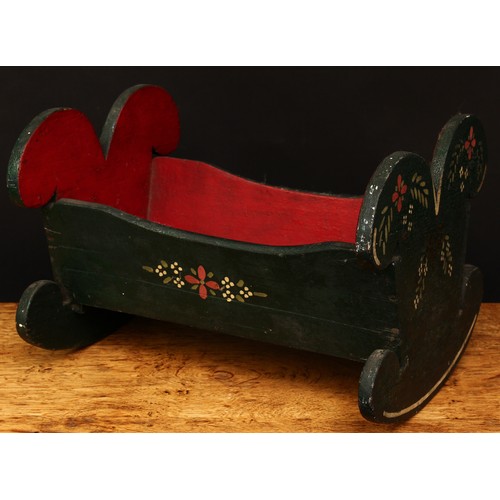 4035 - Folk-Art - a first-half 20th century painted pine dolls rocking cradle, the exterior painted with fl... 