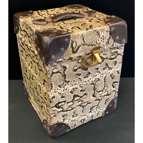 226 - Biba  - a tall narrow luggage trunk with snake effect exterior and leather handle, red lined interio... 