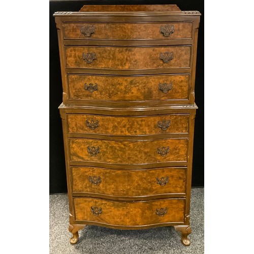 237 - A George III style reproduction walnut and burr walnut Tallboy, serpentine front, cabriole legs, 120... 