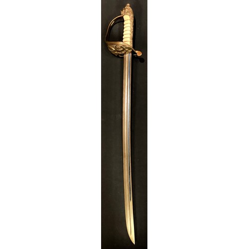 3303 - A naval sword or cutlass, 53.5cm fullered blade, gilt brass hilt with folding guard and crowned anch... 