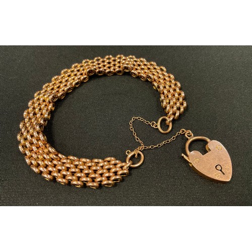 363 - A 9ct rose gold mesh bracelet, padlock clasp, 18cm long, 19.4g