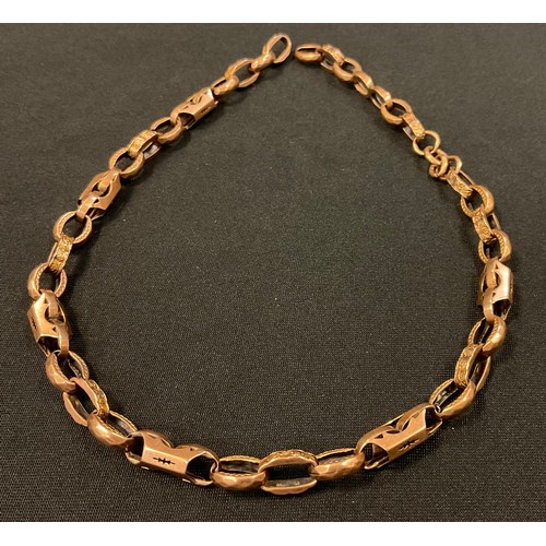 370 - A fancy link rose metal albert chain, stamped 9ct to end loop, 39cm long, 23.2g