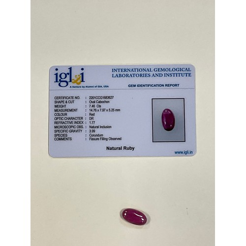 377 - Loose Gemstones - natural ruby, oval cabochon cut, 7.46ct, IGL&I certificate