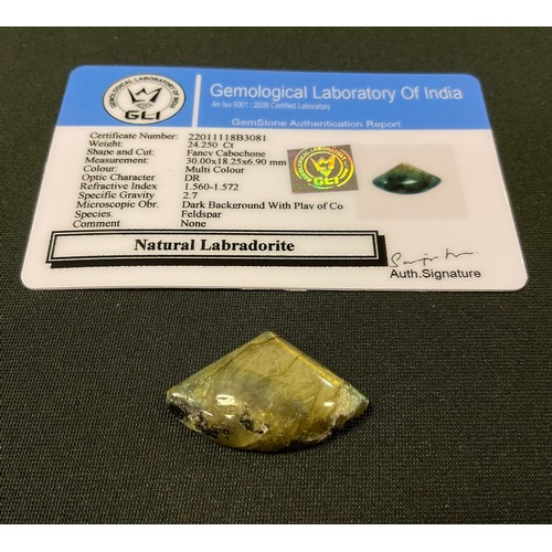 383 - Loose Gemstones - natural fancy cabochon labradorite feldspar, 24.25ct, GLI certificate