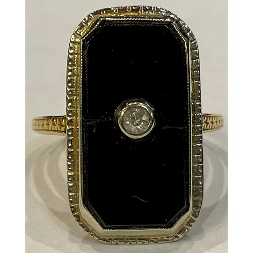 387 - An 18k gold mourning type jet and diamond ring, size Q, 5.5g, late 19th/early 20th century