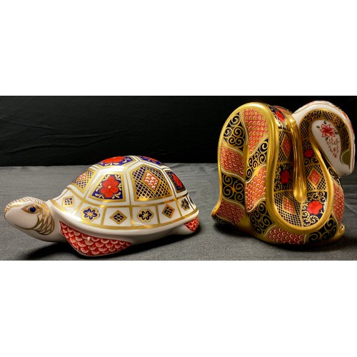 44 - A Royal Crown Derby paperweight, Imari Snake, gold stopper; another, Imari Tortoise, gold stopper (2... 