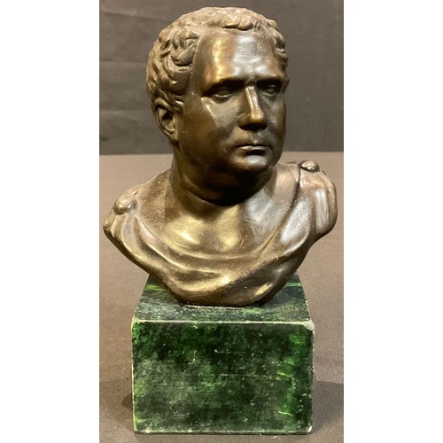 52 - Contemporary Italian School, a bronzed metal bust, of a Roman, green verdigris base, 14.5cm high