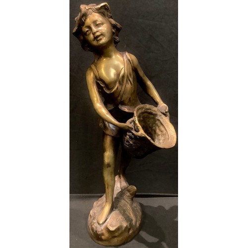 95 - A bronzed metal sculpture of a girl with basket, 43cm high