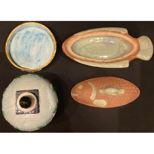 121 - A majolica cheese dome; a stoneware fish dish and cover (2)