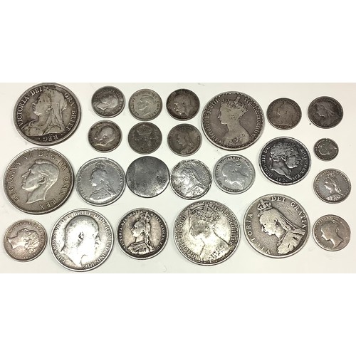 426 - UK silver coins, to include: 2/6 1945 VF; 2/- 1859 AF; another 1883 AF/F; another 1887 Jubilee Head ... 